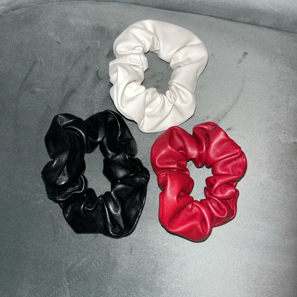 Set of 3 Faux Leather Scrunchies - Black, Red, Off-White - Picture 2 of 2